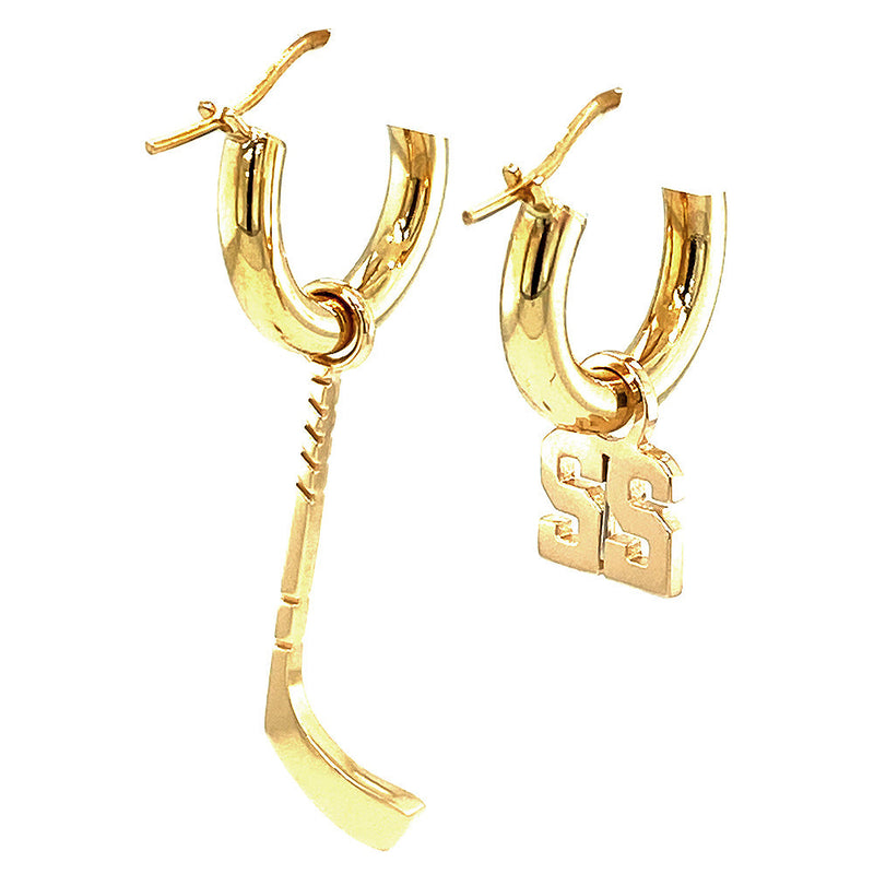 15mm Hoop Earrings with Any Jersey Number Charm and Right Handed Hockey Stick Charm in 14k Yellow Gold