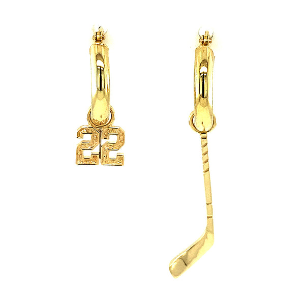 15mm Hoop Earrings with Any Jersey Number Charm and Right Handed Hockey Stick Charm in 14k Yellow Gold