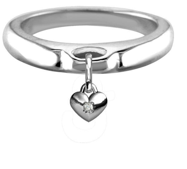 Chubby Cubic Zirconia Heart Charm Ring, Wide, Domed in Sterling Silver