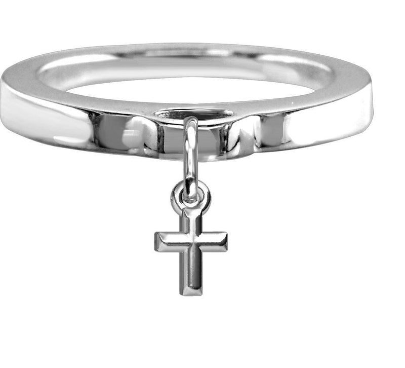 Chubby Cross Charm Ring, Flat Band in Sterling Silver
