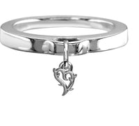 Chubby Guarded Love Heart Charm Ring, Flat Band in Sterling Silver