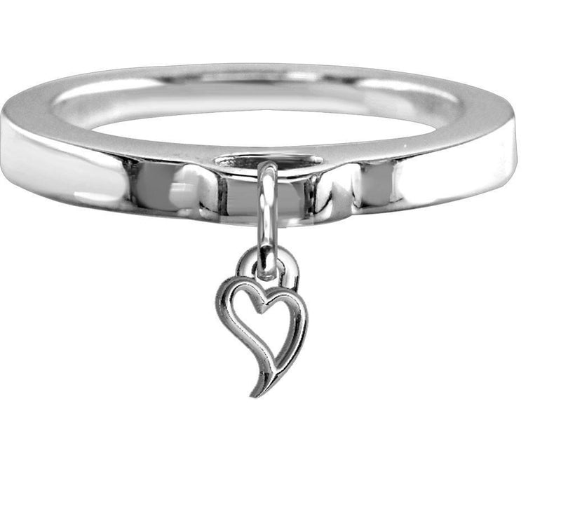 Chubby Wavy Heart Charm Ring, Flat Band in Sterling Silver