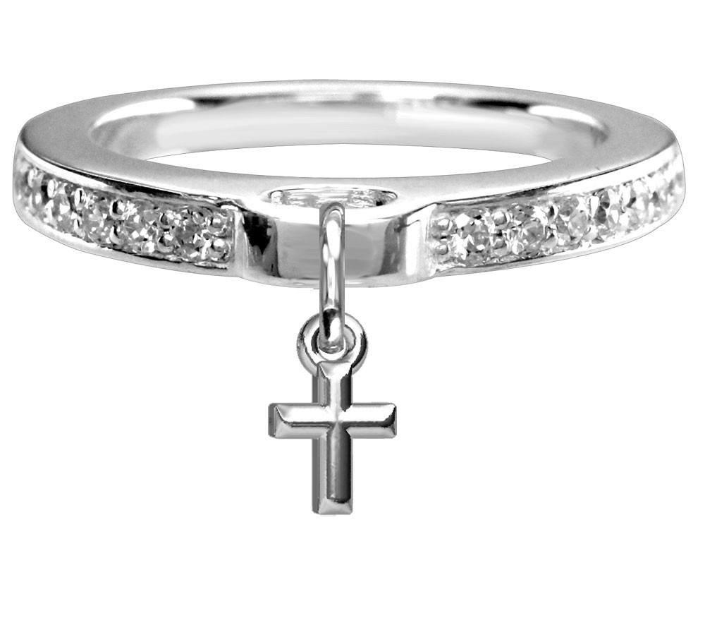 Chubby Cross Charm Ring with CZ Band in Sterling Silver
