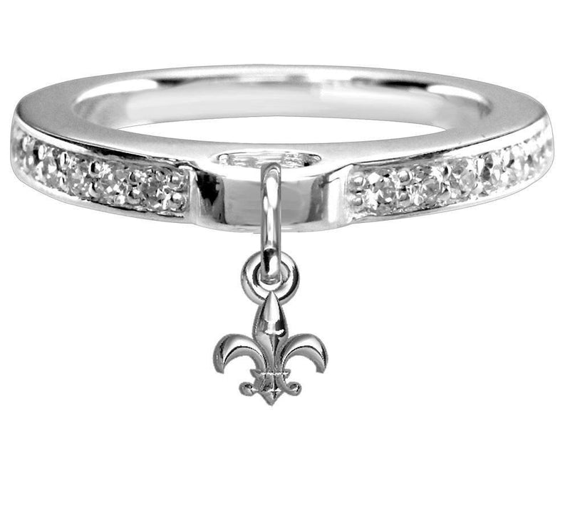 Chubby Fleur-De-Lis Charm Ring with Cubic Zirconia Band in Sterling Silver