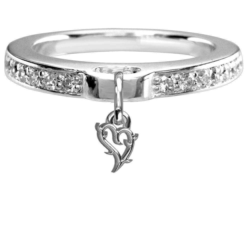 Chubby Guarded Love Heart Charm Ring with Cubic Zirconia Band in Sterling Silver