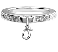 Chubby Initial Charm Ring with Cubic Zirconia Band in Sterling Silver, Any Letter