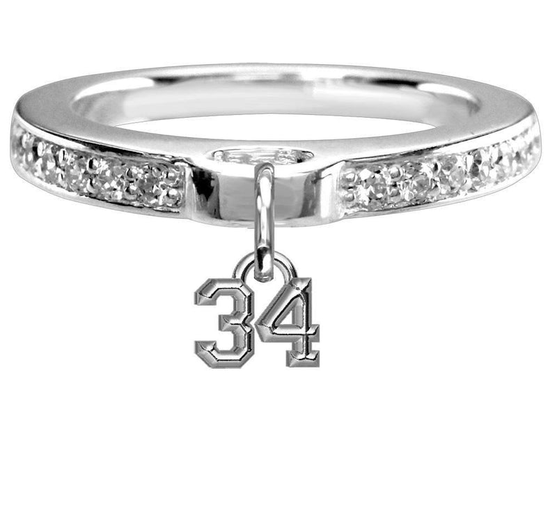 Chubby #34 Sports Charm Ring with Cubic Zirconia Band in Sterling Silver, Any Number