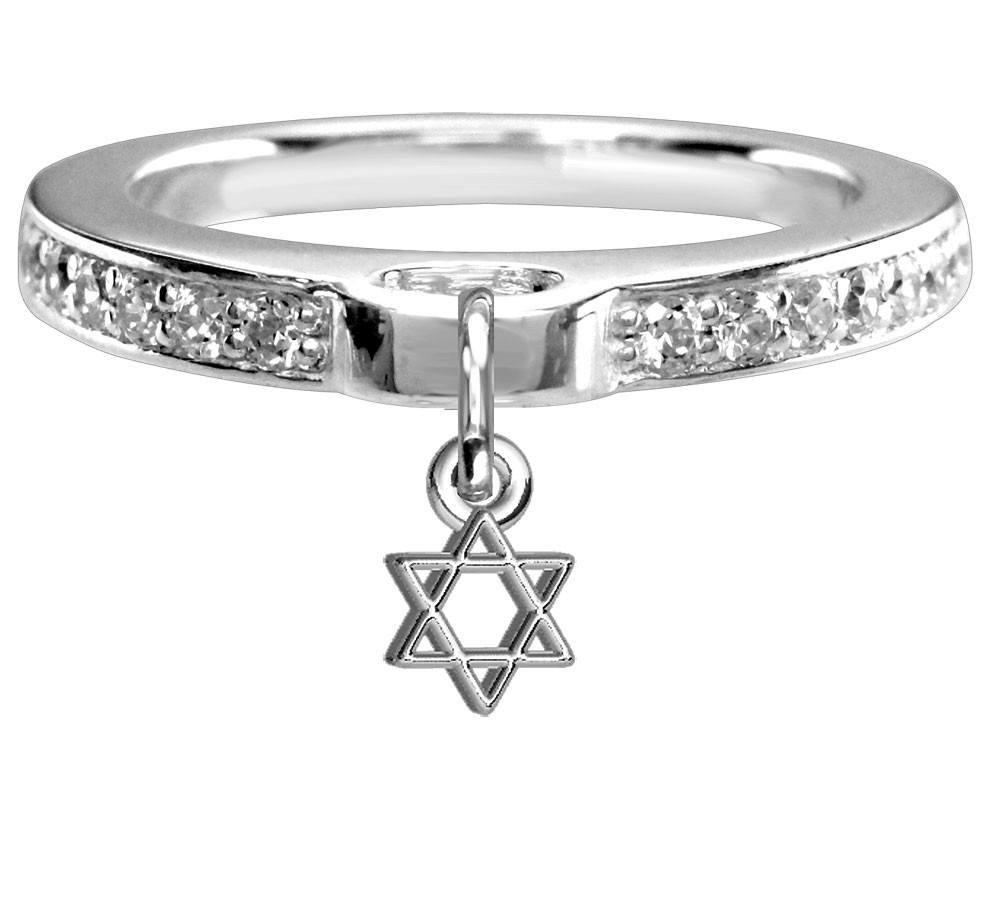 Chubby Star Of David Charm Ring with Cubic Zirconia Band in Sterling Silver