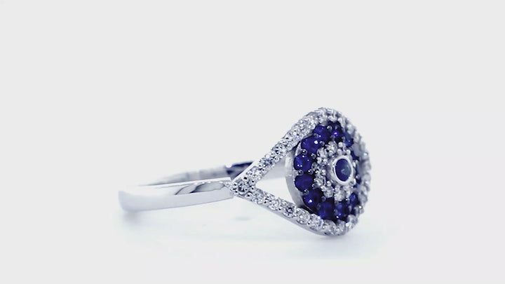 Diamond and Blue Sapphire Evil Eye Ring in 14k White Gold