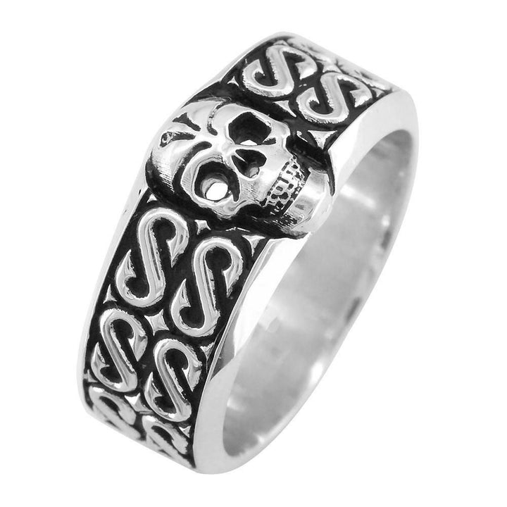Mens Wide Skull Wedding Band, Ring with S Pattern and Black in Sterling Silver