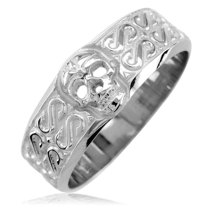 Mens Wide Skull Wedding Band, Ring with S Pattern in 14k White Gold