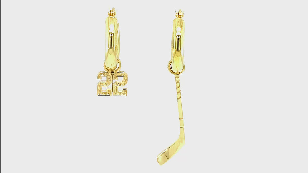 15mm Hoop Earrings with Any Jersey Number Charm and Right Handed Hockey Stick Charm in 14k Yellow Gold
