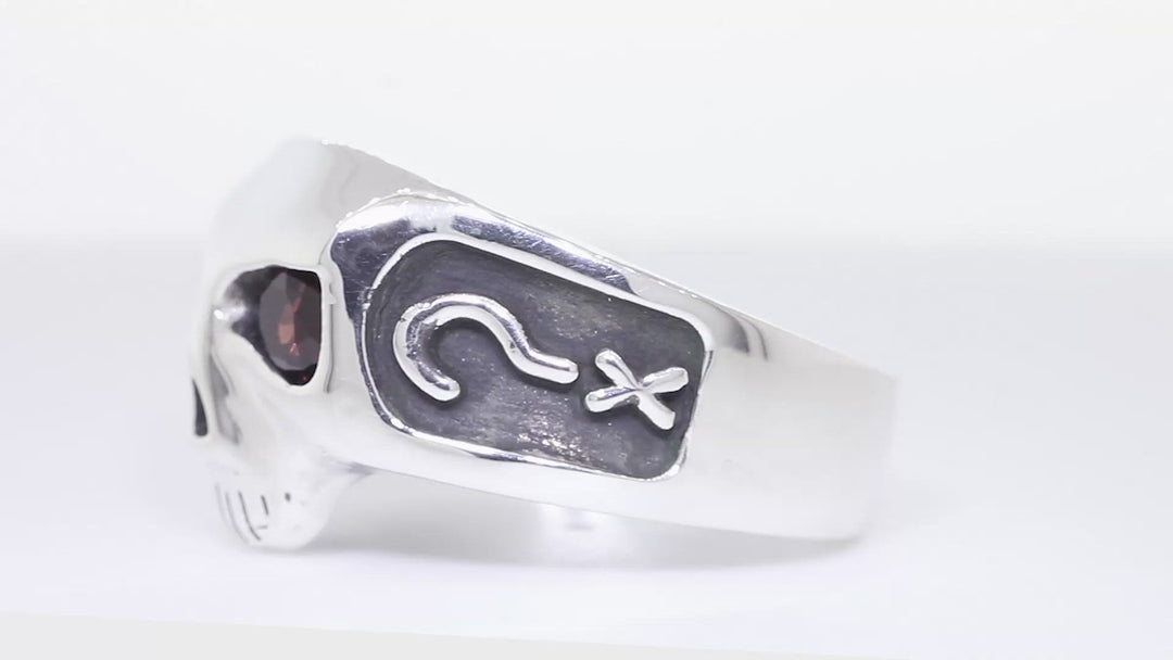 Sterling Silver Mens Skull Ring with Garnet Eyes, Question Mark X and 3 in Sterling Silver