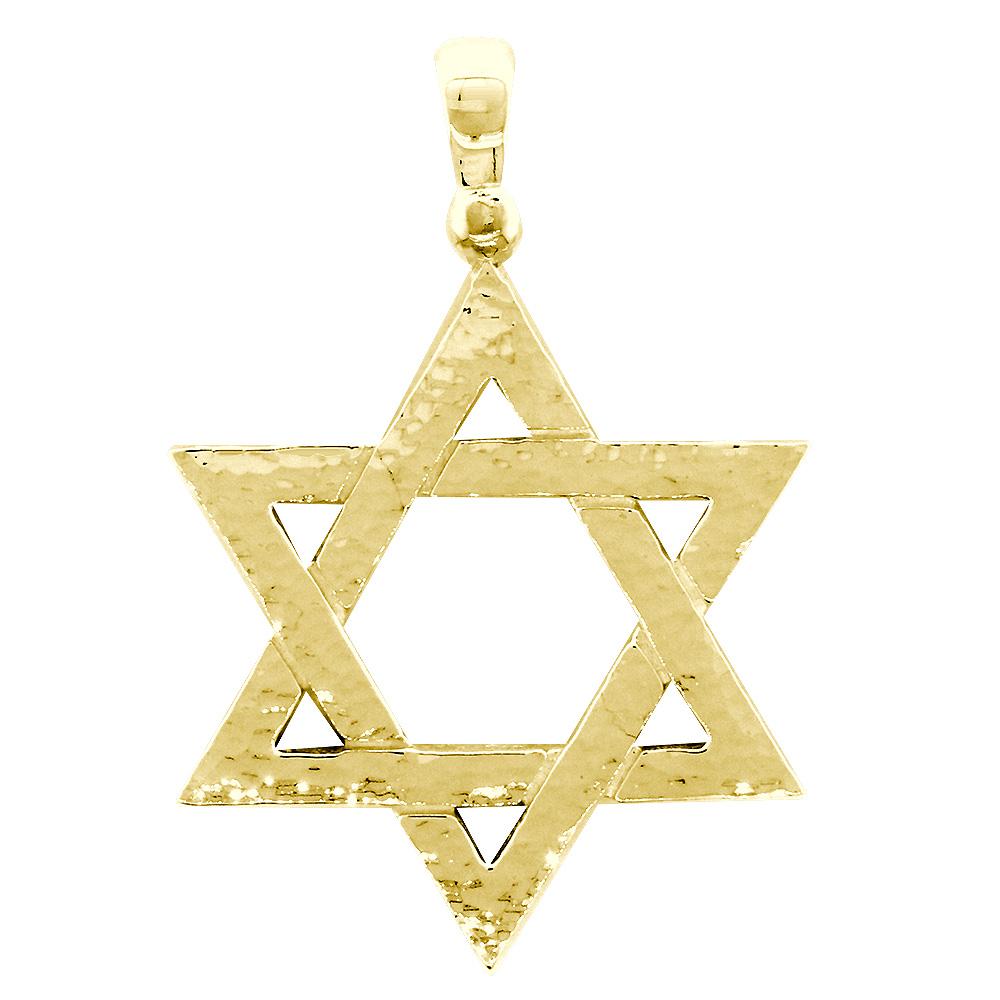 Mens Hammered Finish Extra Large Sharp Jewish Star of David Charm in 14K Yellow Gold