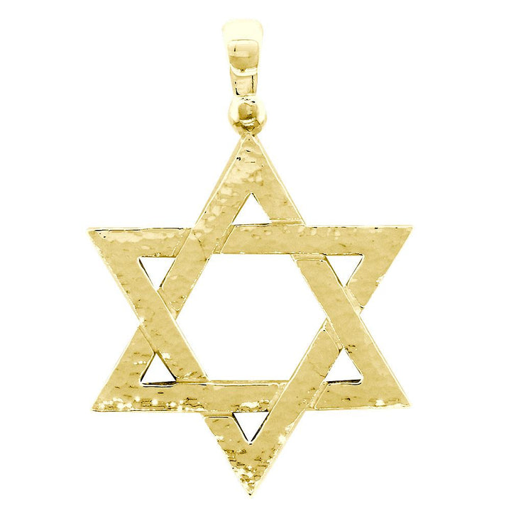 Mens Hammered Finish Extra Large Sharp Jewish Star of David Charm in 18K Yellow gold