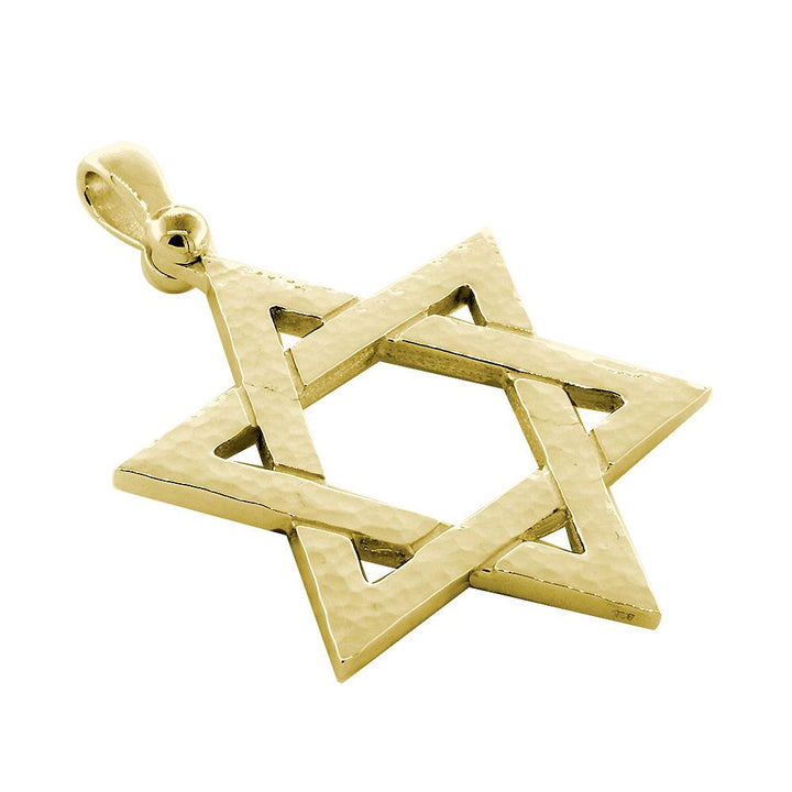 Mens Hammered Finish Extra Large Sharp Jewish Star of David Charm in 18K Yellow gold