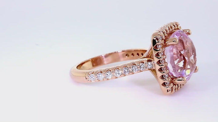 Cushion Halo 12mm Round Kunzite Center Diamond Ring, 0.50CT Total Sides in 14k Pink, Rose Gold