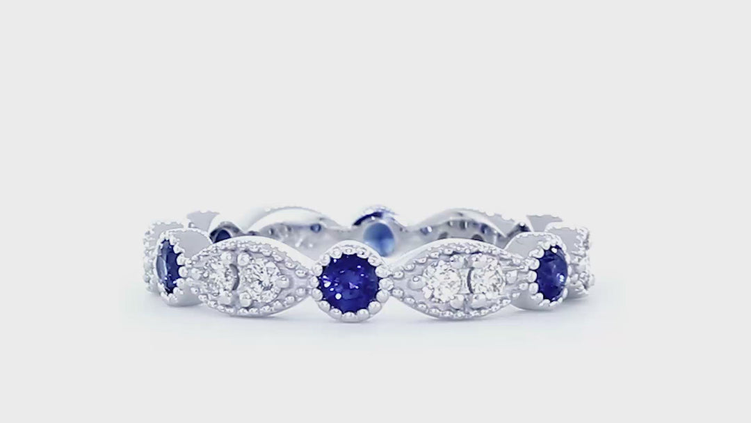Eternity Band with Round Blue Sapphires and Diamonds, 1.1CT Total in 14K White Gold