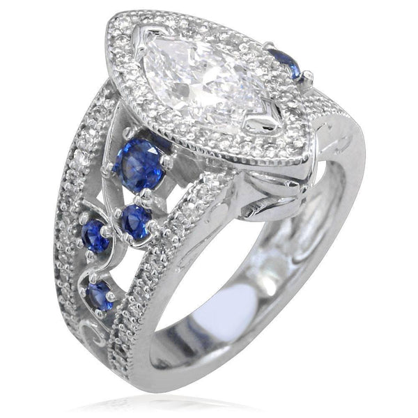 Large Marquise Shape Diamond Engagement Ring with Diamond and Sapphire Sides E/W-K0225
