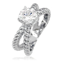 Double Strand Rope Engagement Ring in Sterling Silver with a Cubic Zirconia Center Stone